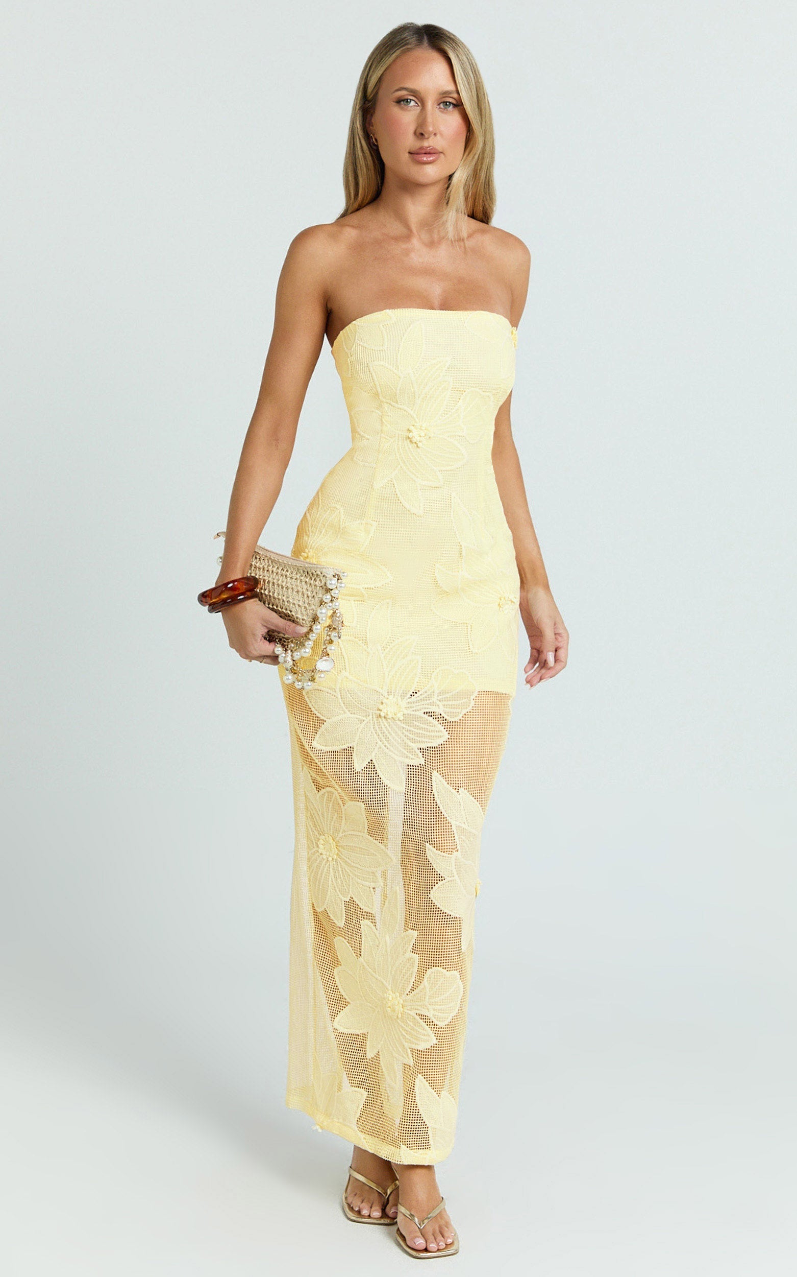 Sienna Midi Dress - Strapless Floral Embroidered Bodycon Dress in Lemon