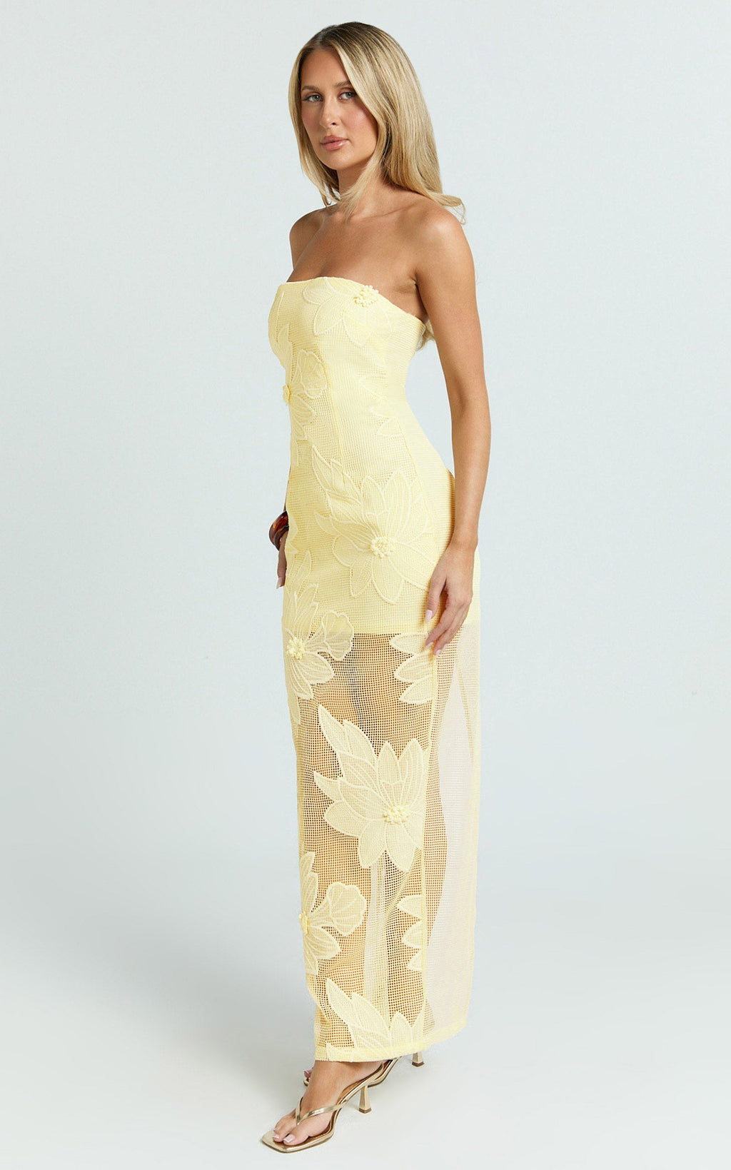 Sienna Midi Dress - Strapless Floral Embroidered Bodycon Dress in Lemon