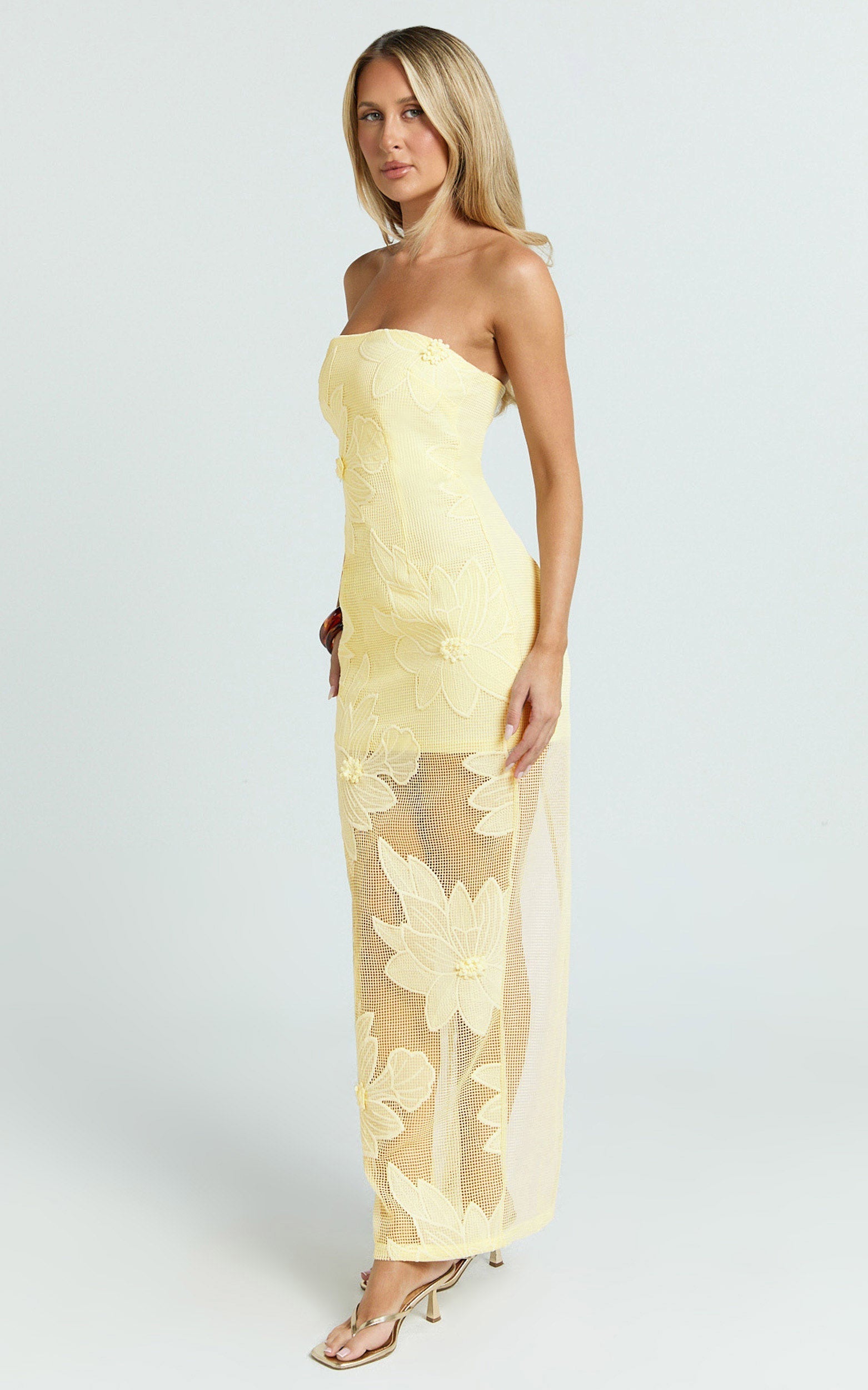 Sienna Midi Dress - Strapless Floral Embroidered Bodycon Dress in Lemon