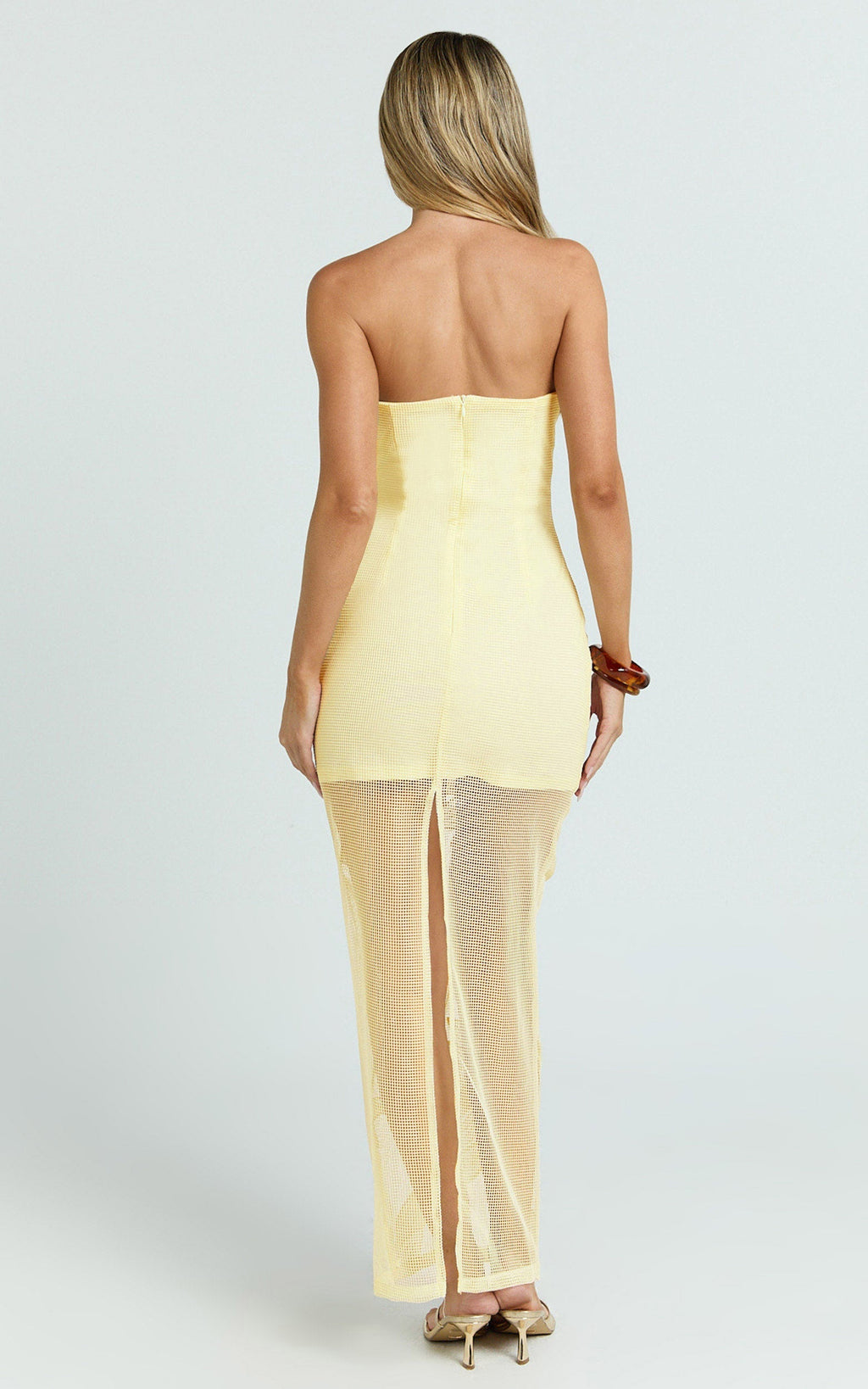 Sienna Midi Dress - Strapless Floral Embroidered Bodycon Dress in Lemon