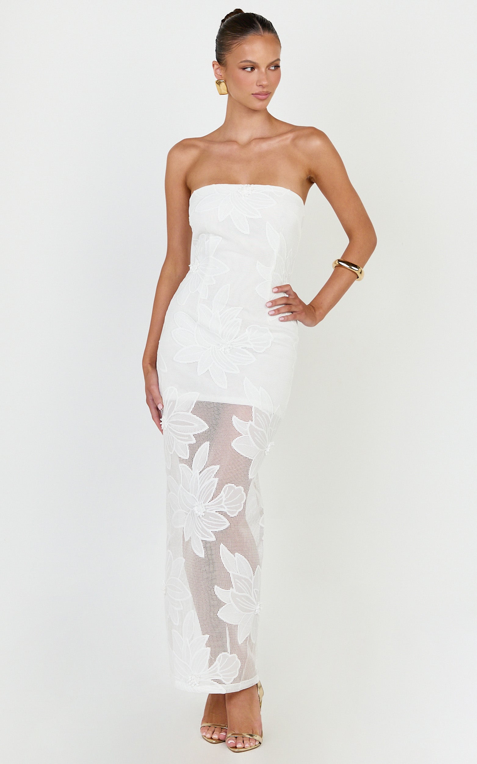 Sienna Midi Dress - Strapless Floral Embroidered Bodycon Dress in White