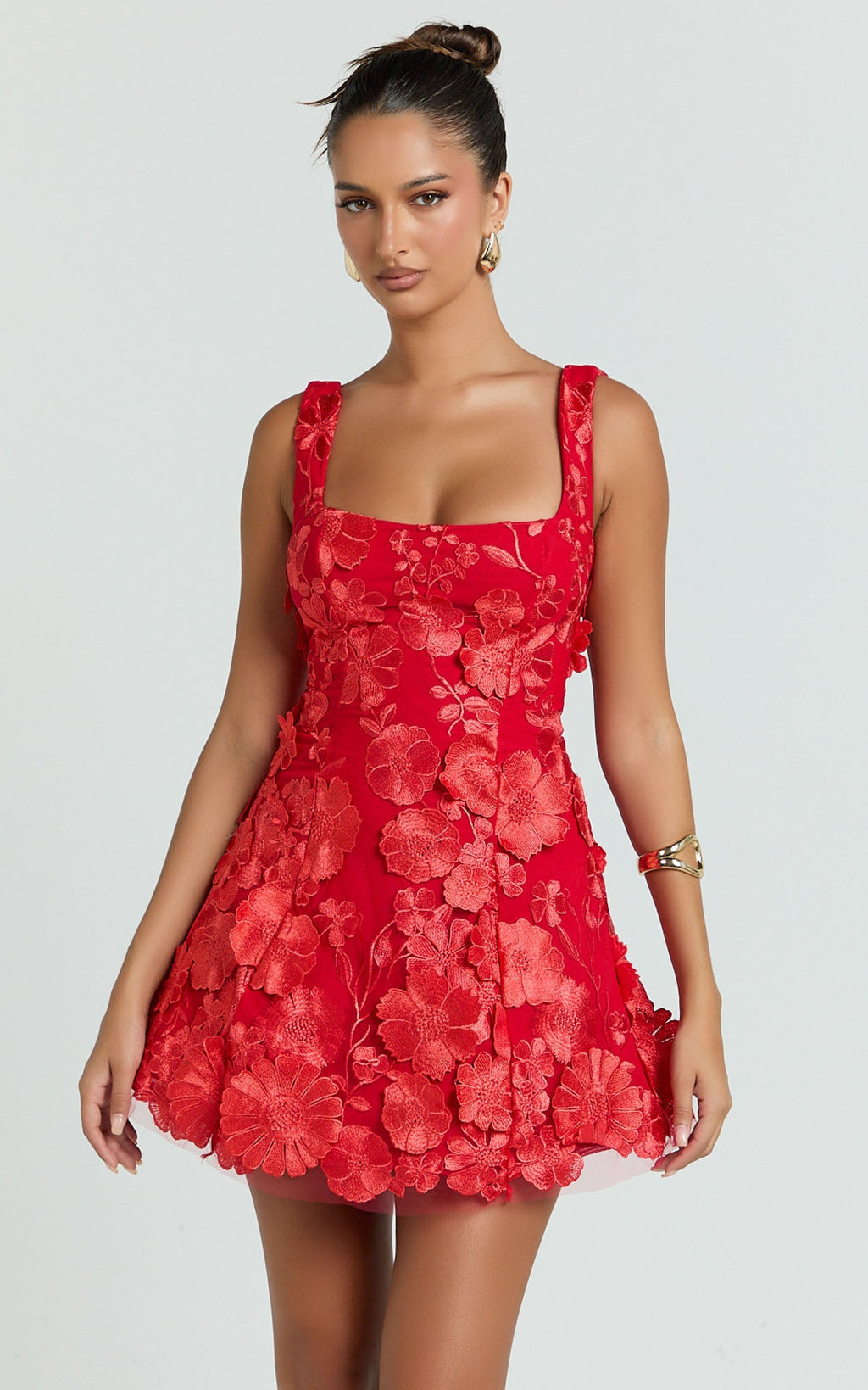 Sienna Mini Dress - 3D Floral Fit And Flare Dress in Red