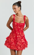 Sienna Mini Dress - 3D Floral Fit And Flare Dress in Red