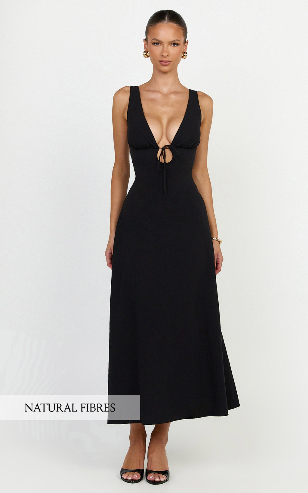 Silvena Midi Dress - Plunge Neckline Tie Front A Line Dress in Black