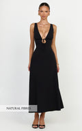 Silvena Midi Dress - Plunge Neckline Tie Front A Line Dress in Black