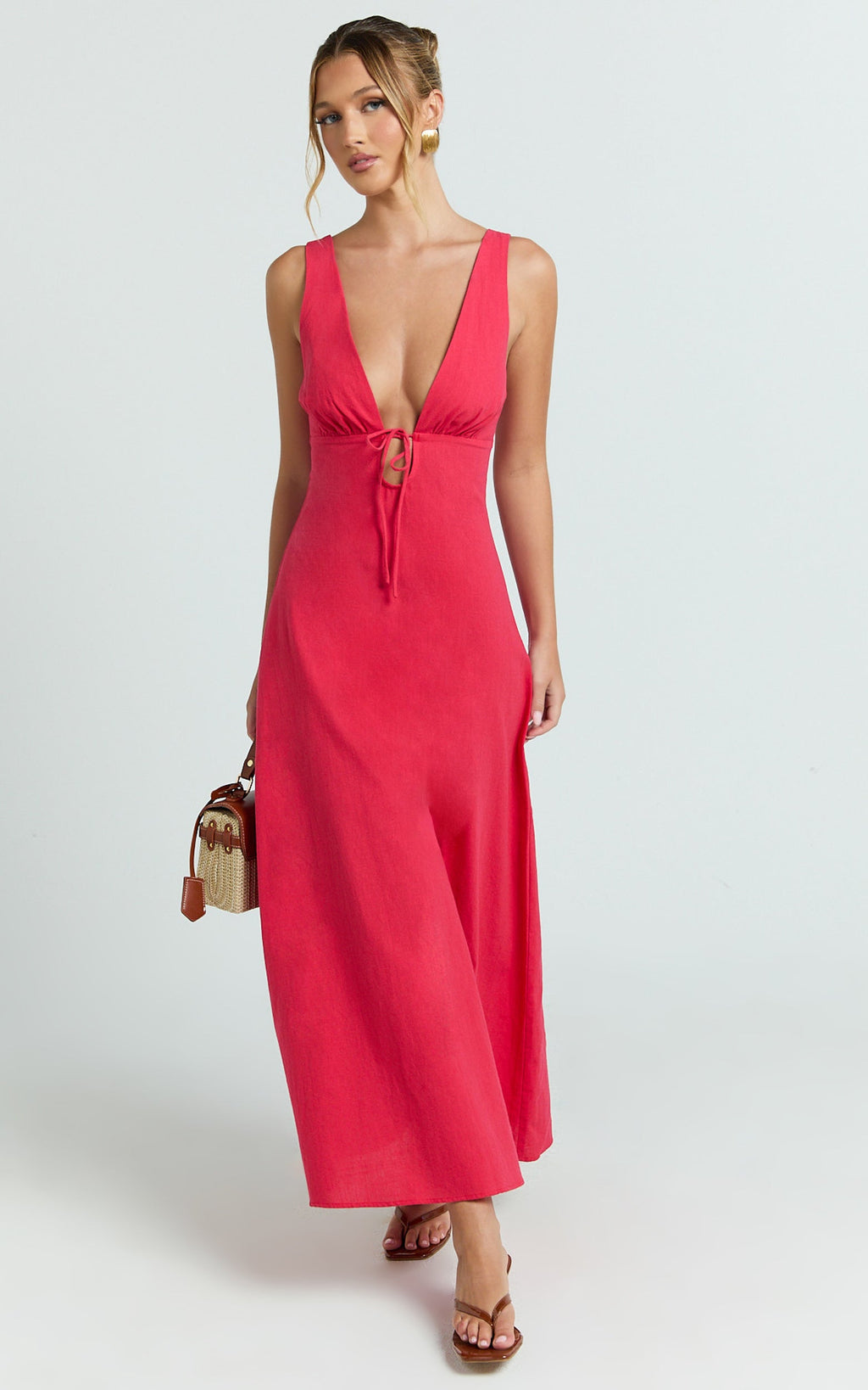 Silvena Midi Dress - Plunge Neckline Tie Front A Line Dress in Red