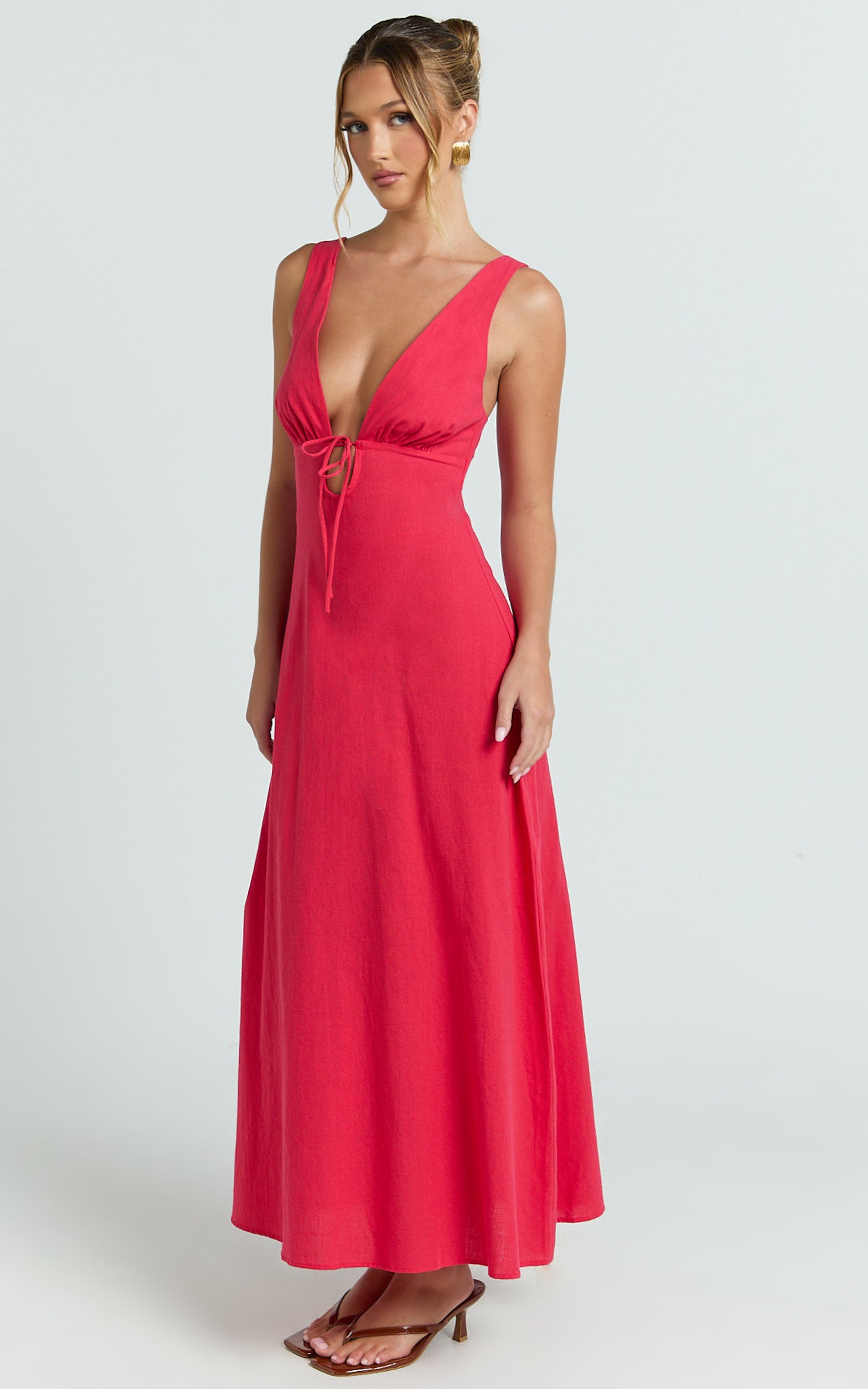 Silvena Midi Dress - Plunge Neckline Tie Front A Line Dress in Red