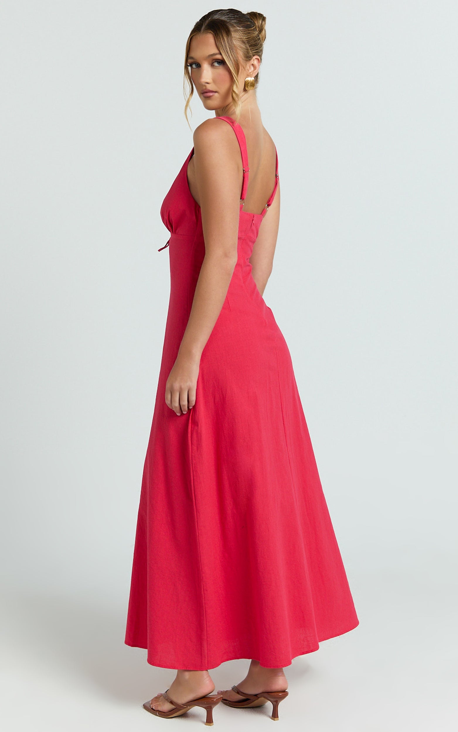 Silvena Midi Dress - Plunge Neckline Tie Front A Line Dress in Red