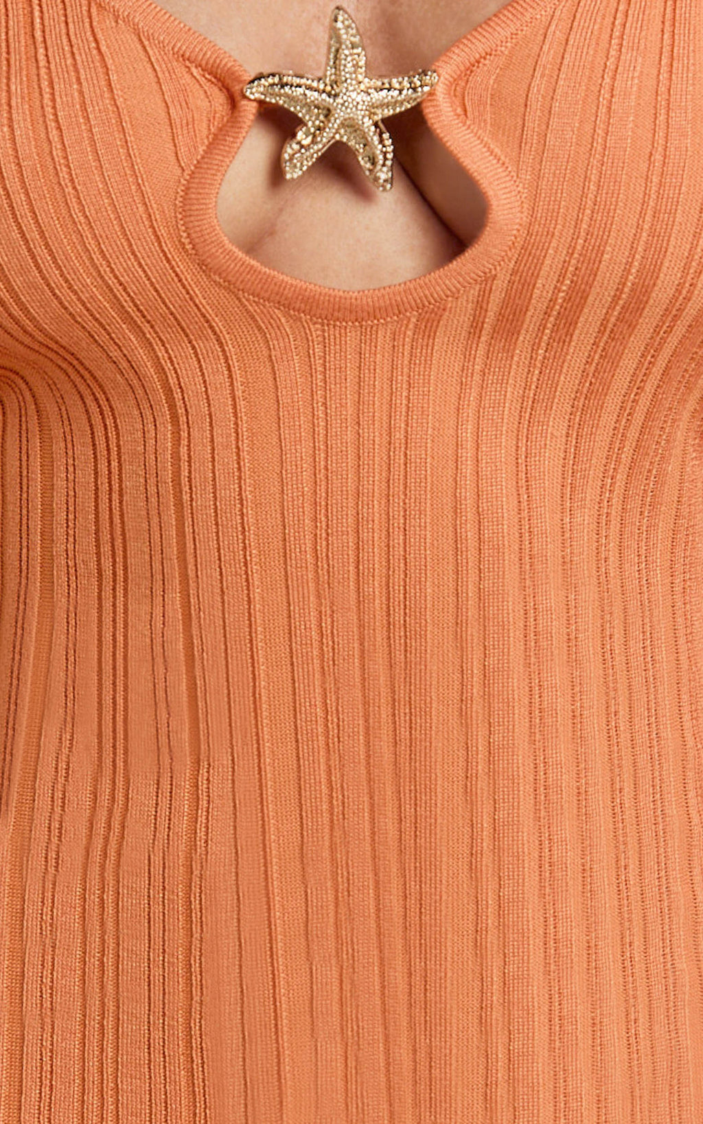 Simona Mini Dress - Texture Stripe Knit Long Sleeve V Neck Metal Trim Dress in Orange