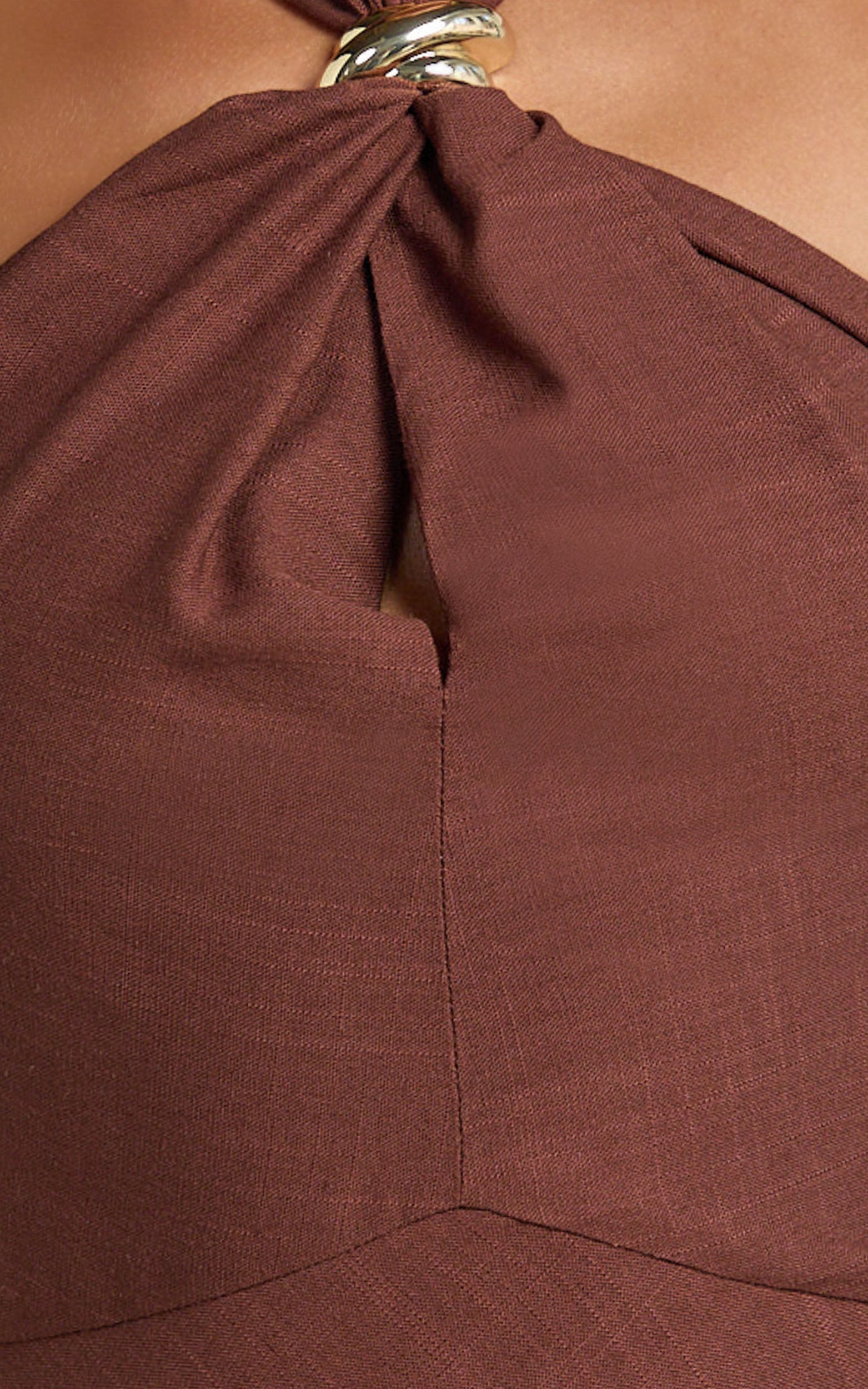 Sittie Mini Dress - Halterneck Linen Gold Trim A Line Dress in Chocolate