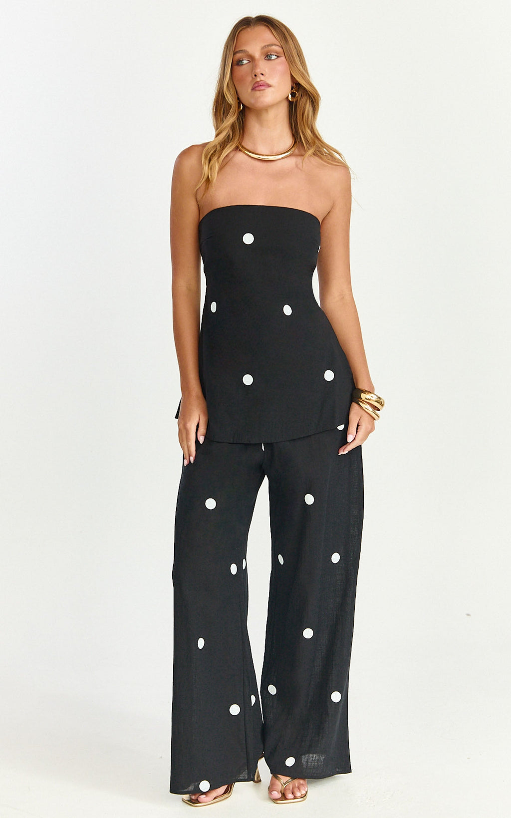 Skye Two Piece Set - Strapless Longline Top and Pant Set in Black Polka Dot