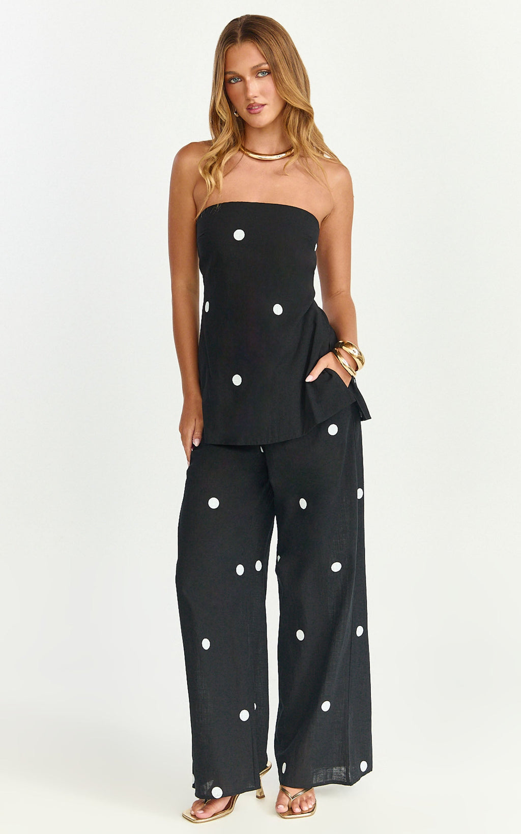 Skye Two Piece Set - Strapless Longline Top and Pant Set in Black Polka Dot