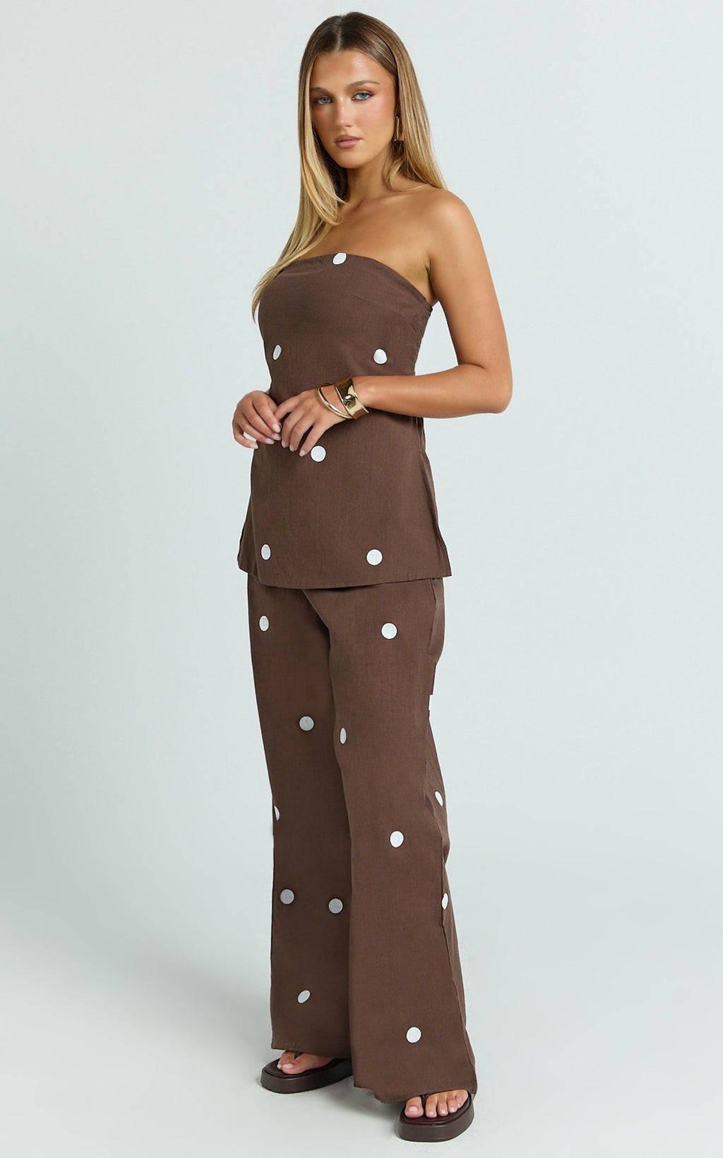 Skye Two Piece Set - Strapless Longline Top and Pant Set in Chocolate Polka Dot