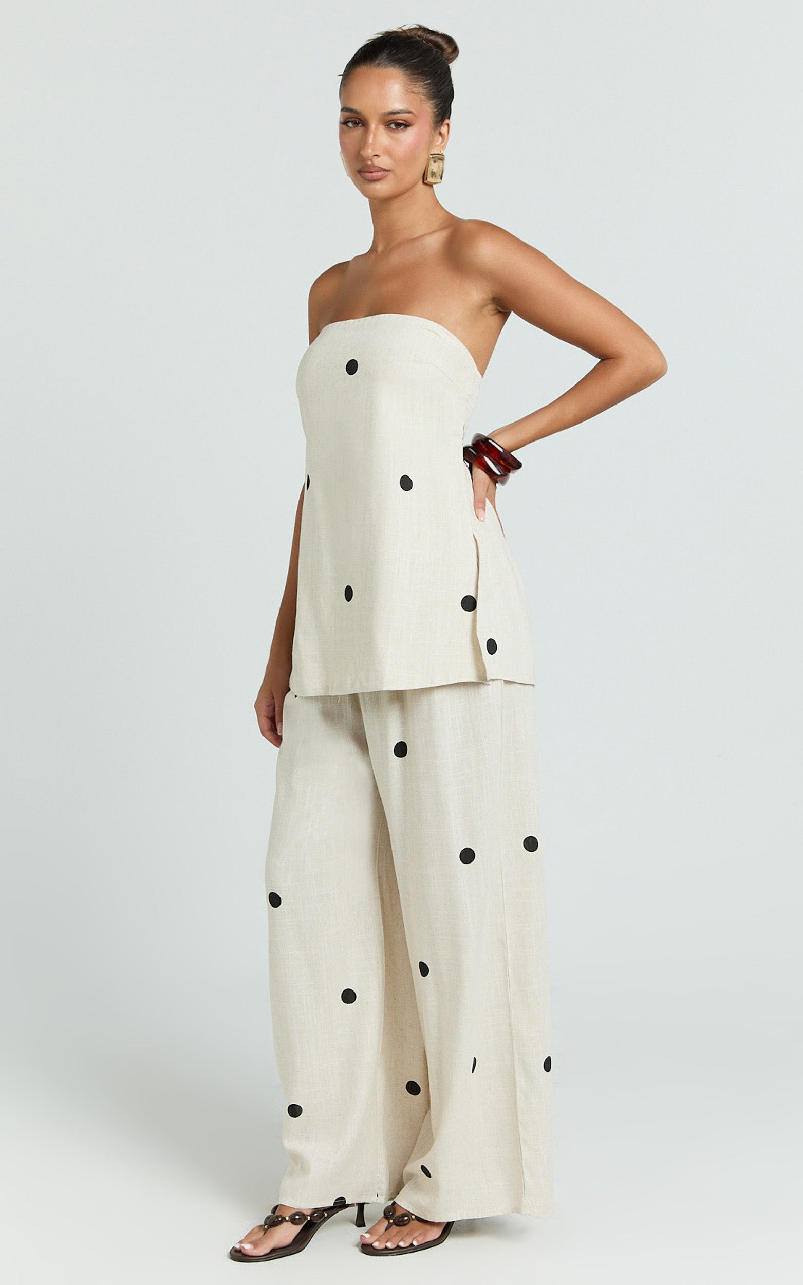 Skye Two Piece Set - Strapless Longline Top and Pant Set in Natural Polka Dot