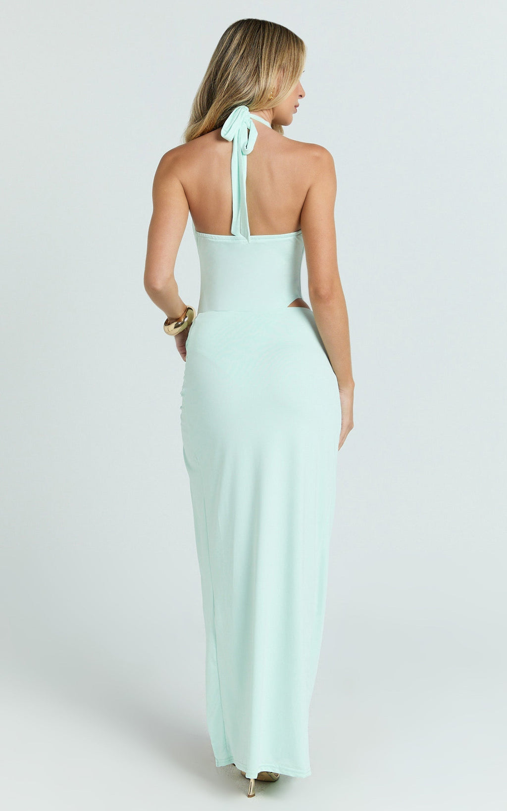 Solara Bodysuit - Deep V Halter Neck Tie Back Asymmetric Leg Bodysuit in Mint