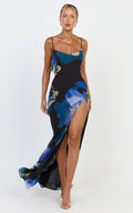 Solara Maxi Dress - Cowl Neck Backless Dress in Midnight Resort Orchid Print
