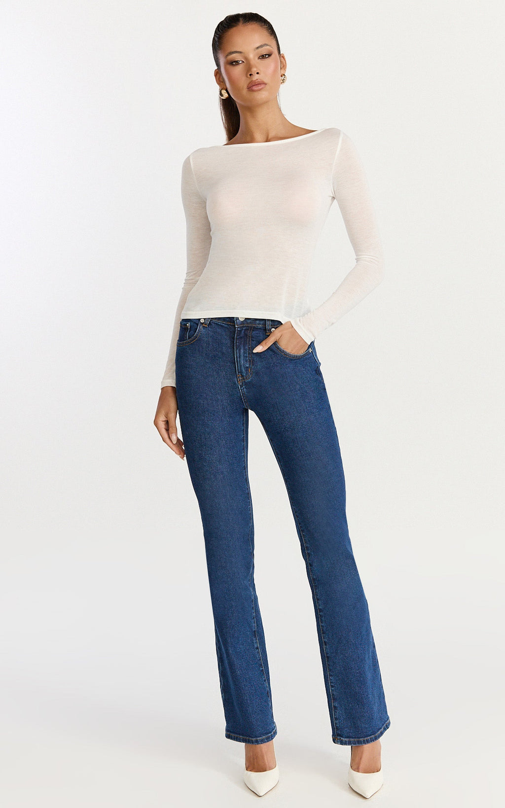 Solenne Jeans - High Waist Skinny Bootcut Leg Jeans in Dark Mid Blue Wash