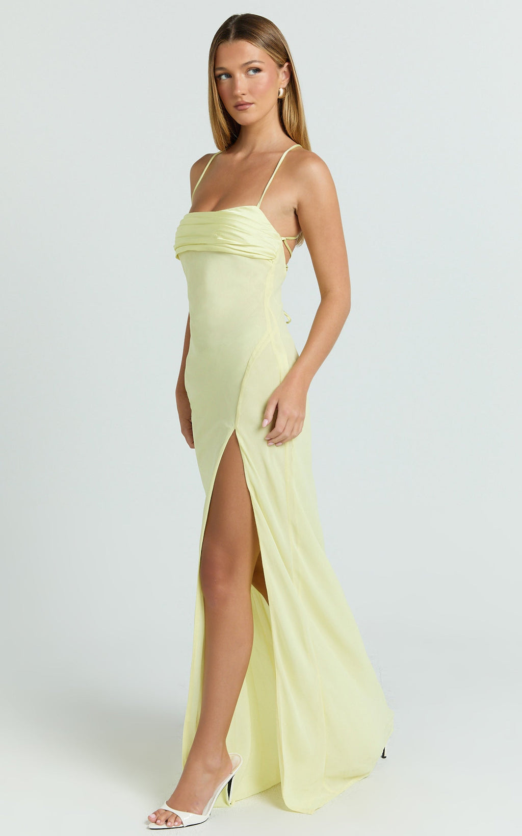 Sonya Maxi Dress - Cowl Neck Asymmetric Fit And Flare Dress in Lemon