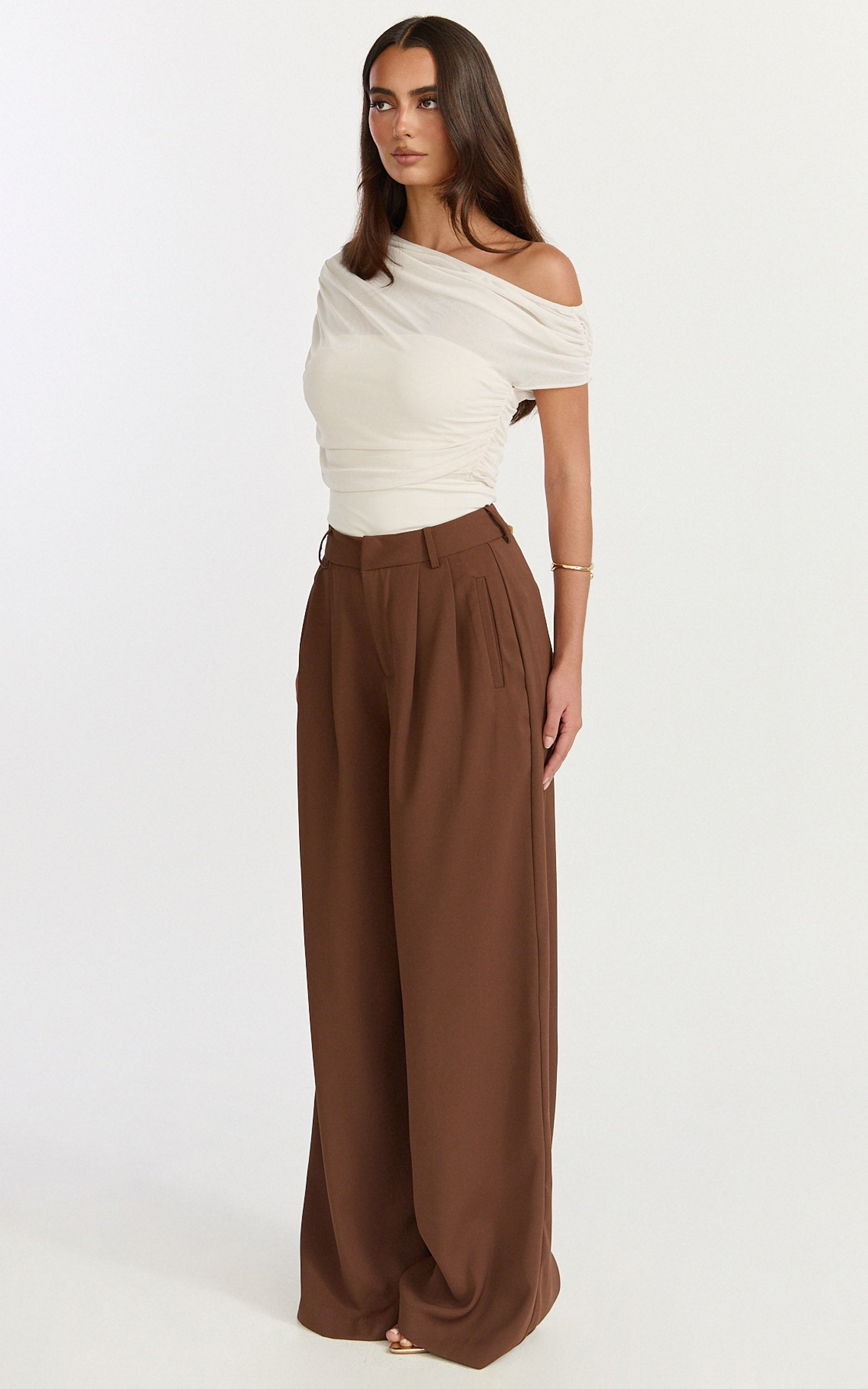 Sophia Top - Draped One Shoulder Mesh Overlay Top in Cream