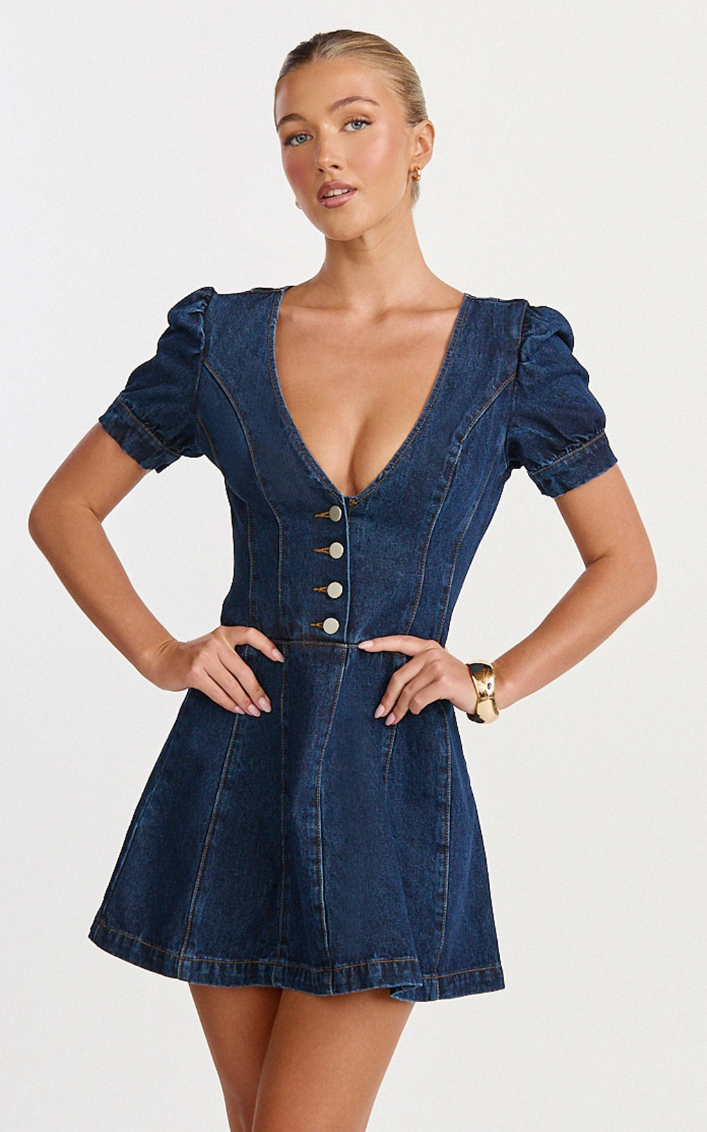 Sophie Mini Dress - Puff Sleeve V Neck Button Down Denim Dress in Dark Blue Wash