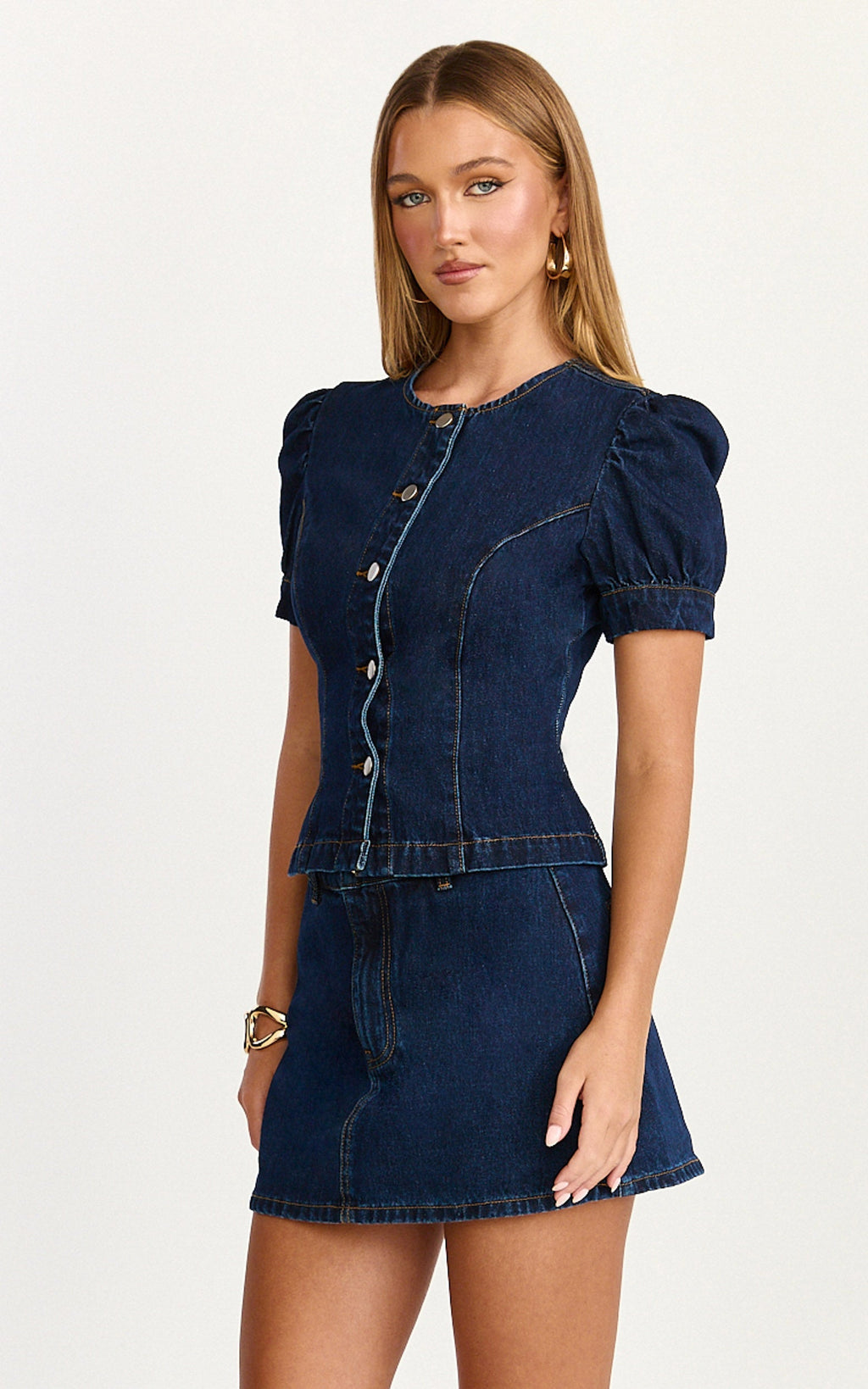 Sophie Top - Puff Sleeve Button Down Denim Top in Indigo