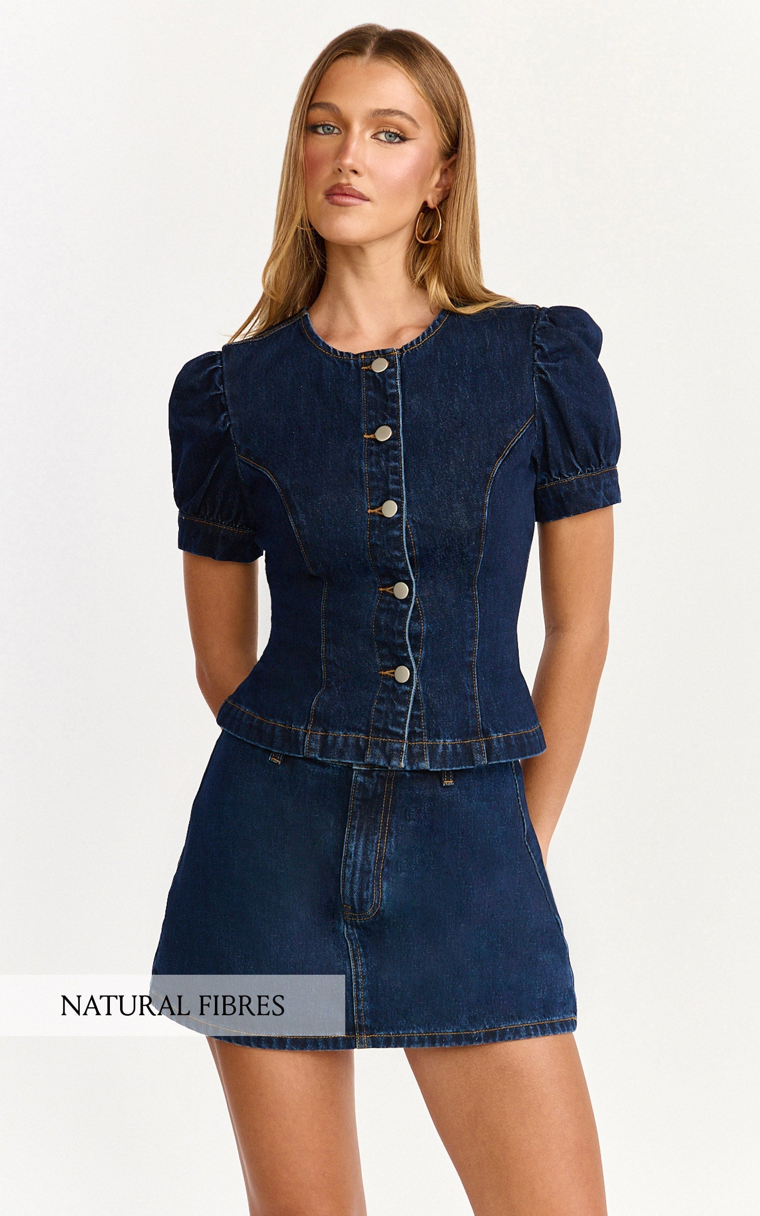 Sophie Top - Puff Sleeve Button Down Denim Top in Indigo