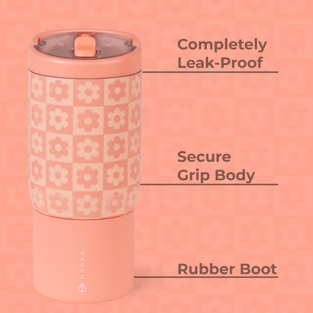 Daisy Checkers Sport Bottle 14oz Features – Leak-Proof, Grip Body, Rubber Boot