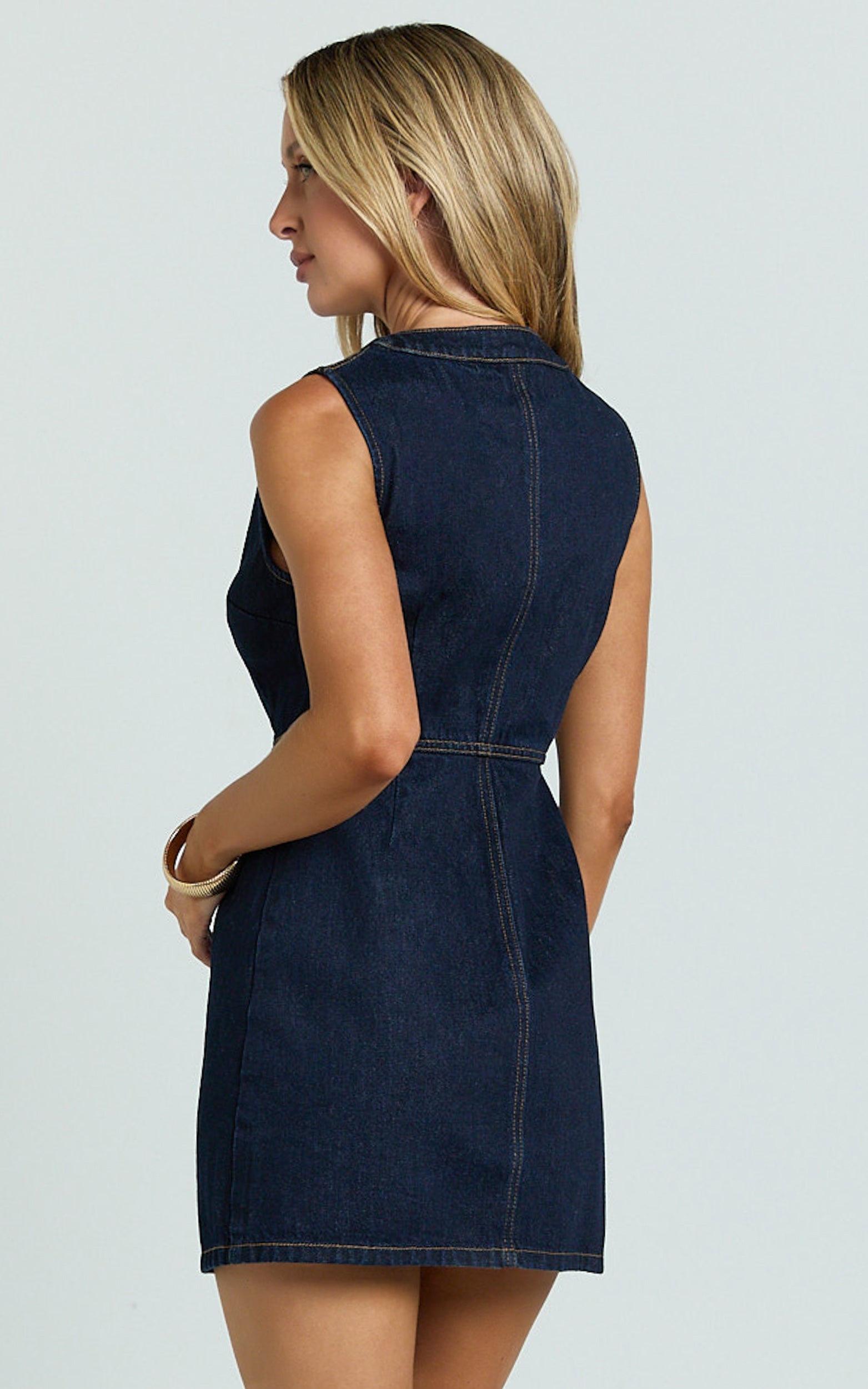 Stephanie Mini Dress - Scoop Neck Recycled Denim Dress with Hardware in Raw Indigo