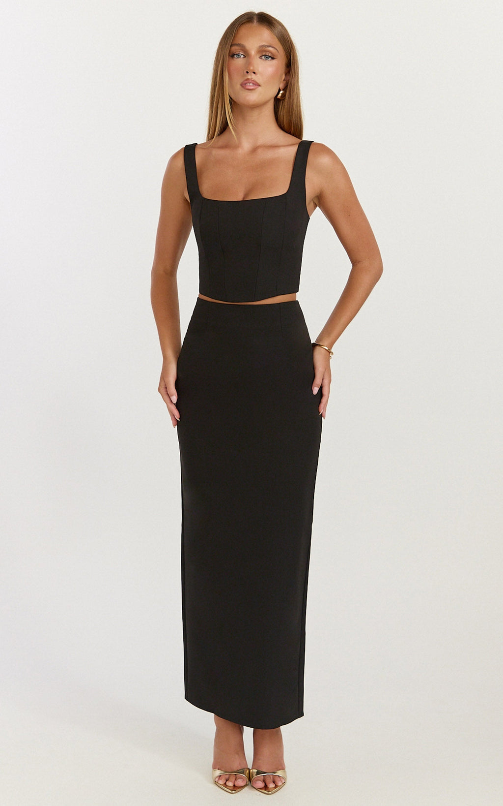 Stormi Two Piece Set - Corset Top And Maxi Skirt Set in Black