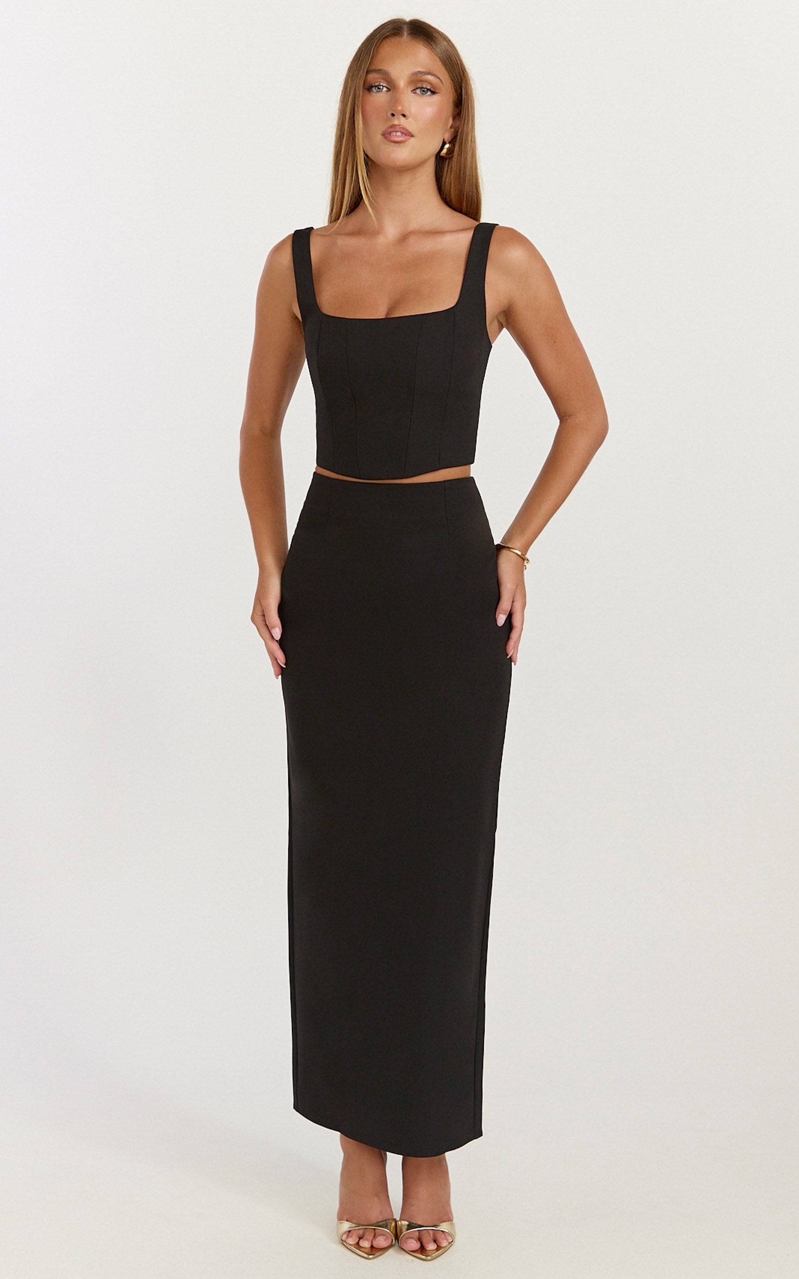 Stormi Two Piece Set - Corset Top And Maxi Skirt Set in Black