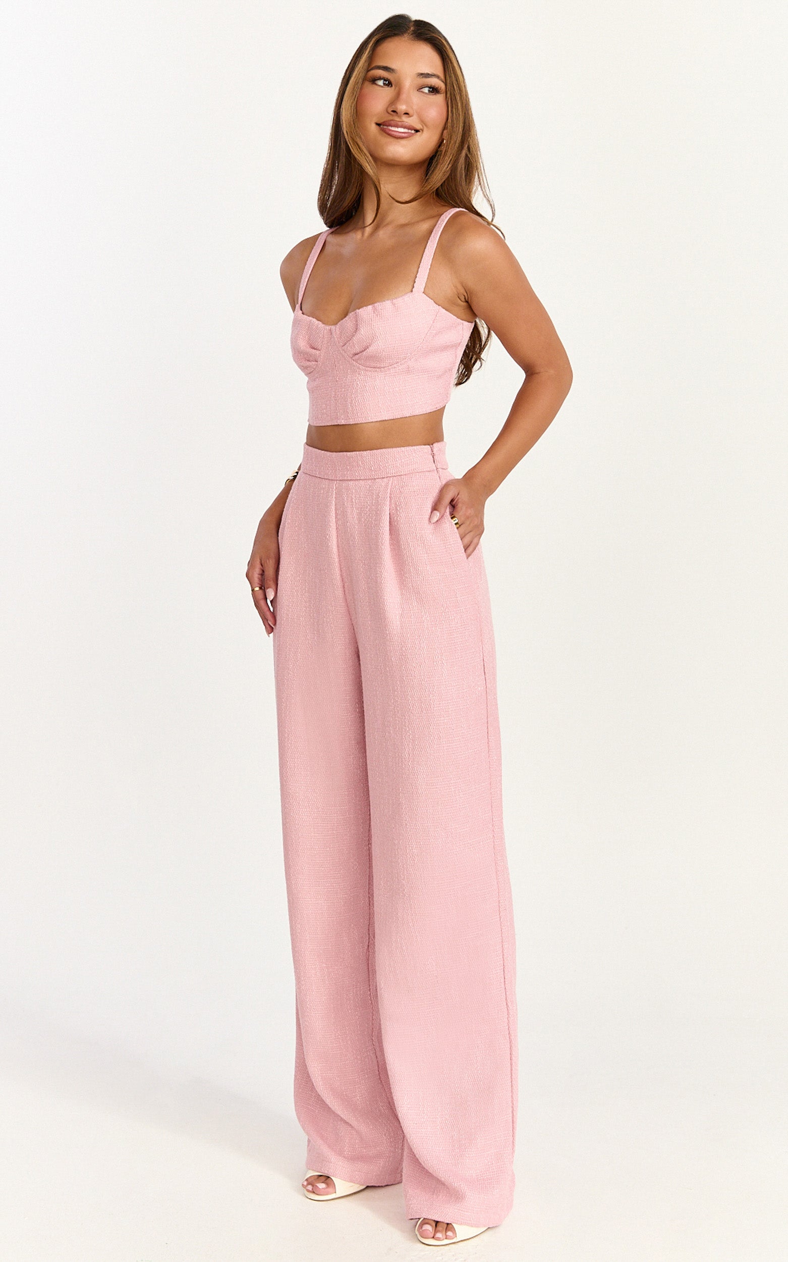Sylvia Two Piece Set - Corset Top and High Waisted Wide Leg Pants Set in Pink