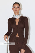 Indigo Top - Long Sleeve Button Down Knit Top in Chocolate