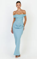 Thalassa Maxi Dress - Lace Off Shoulder Contrast Draped Cowl Waist Dress in Light Blue