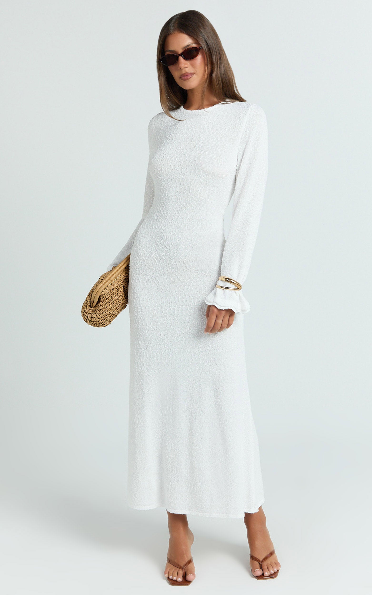 Tabitha Midi Dress - Long Sleeve Scallop Edge Knitted Midi Dress in White