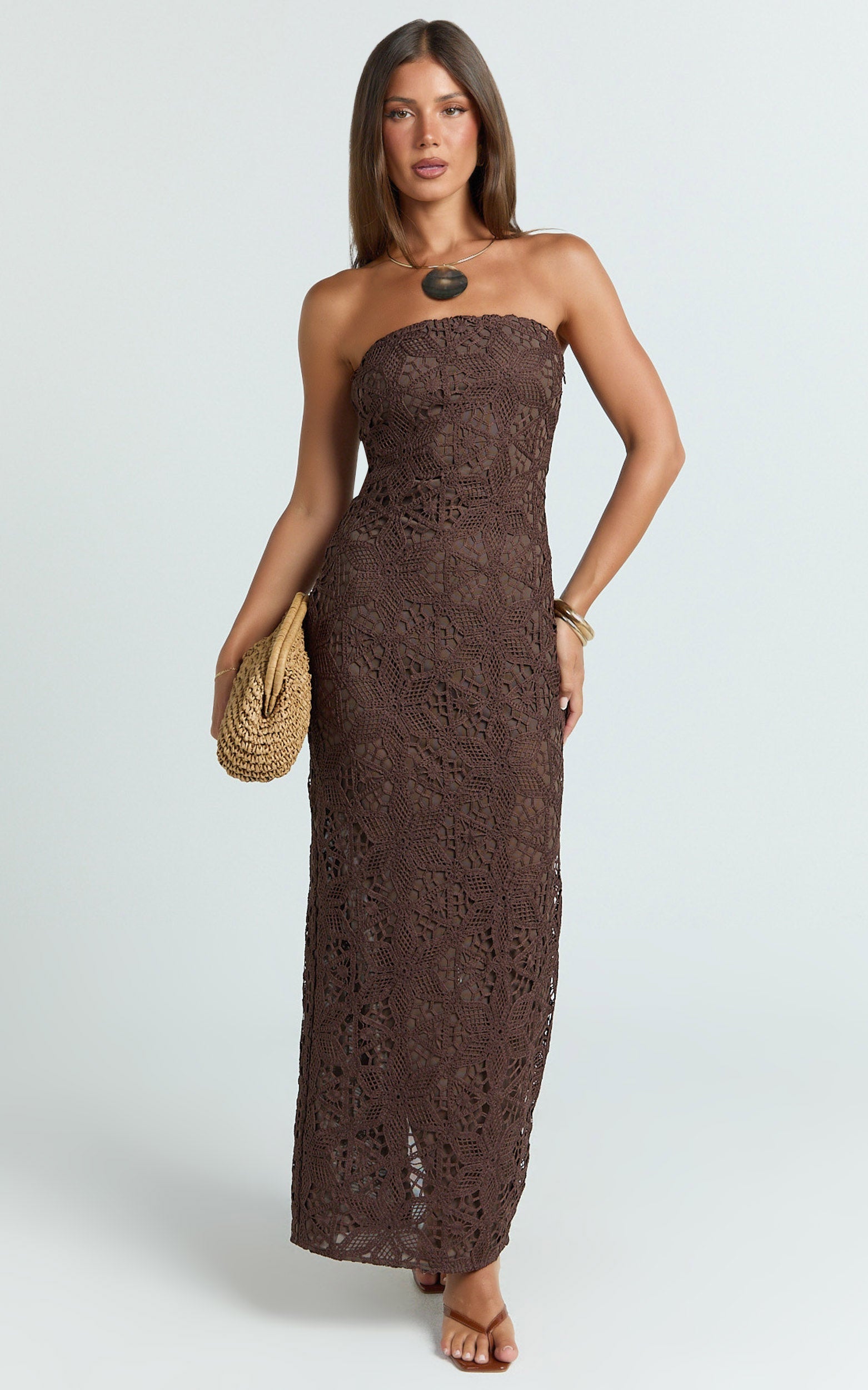 Tamika Midi Dress - Crochet Strapless Column Dress in Chocolate