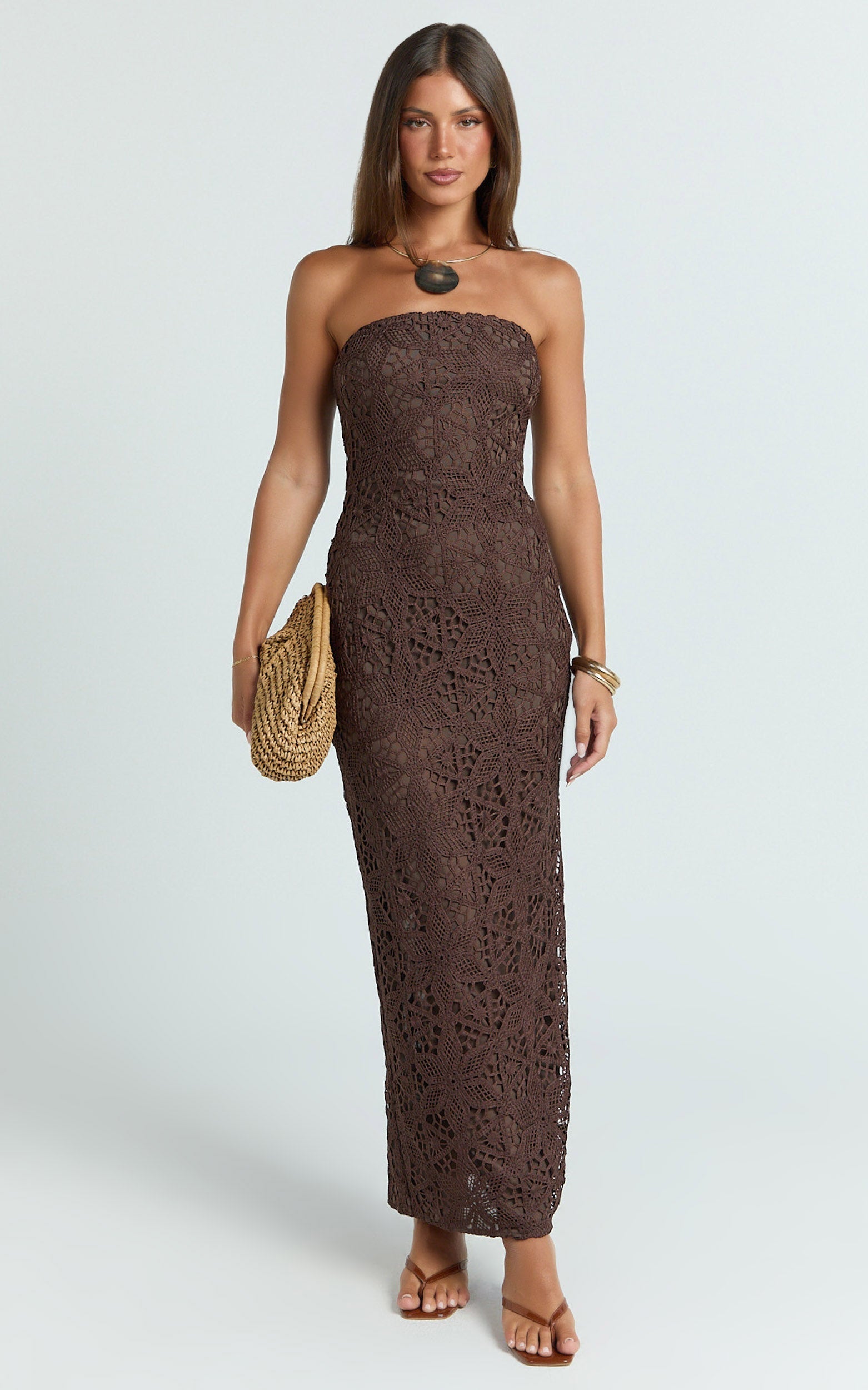 Tamika Midi Dress - Crochet Strapless Column Dress in Chocolate