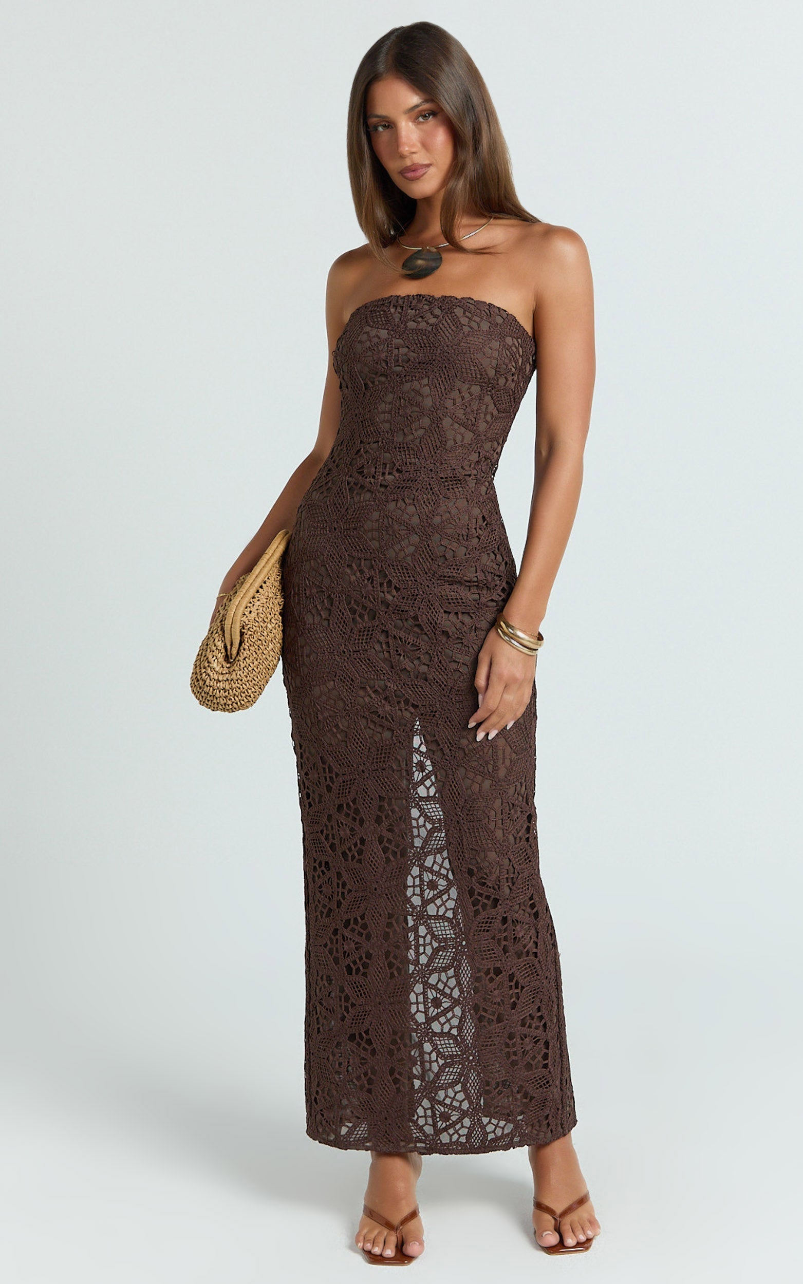 Tamika Midi Dress - Crochet Strapless Column Dress in Chocolate