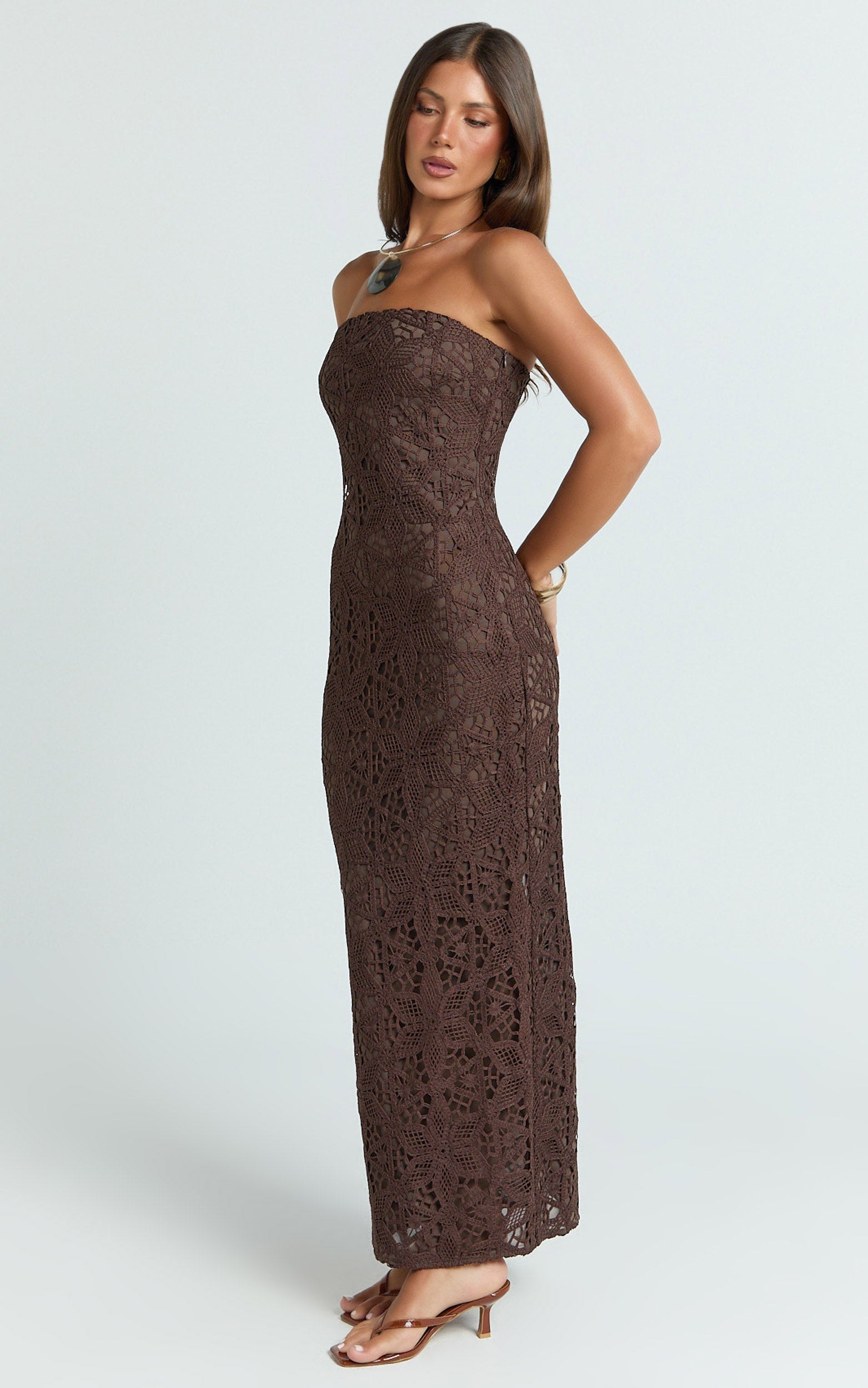 Tamika Midi Dress - Crochet Strapless Column Dress in Chocolate
