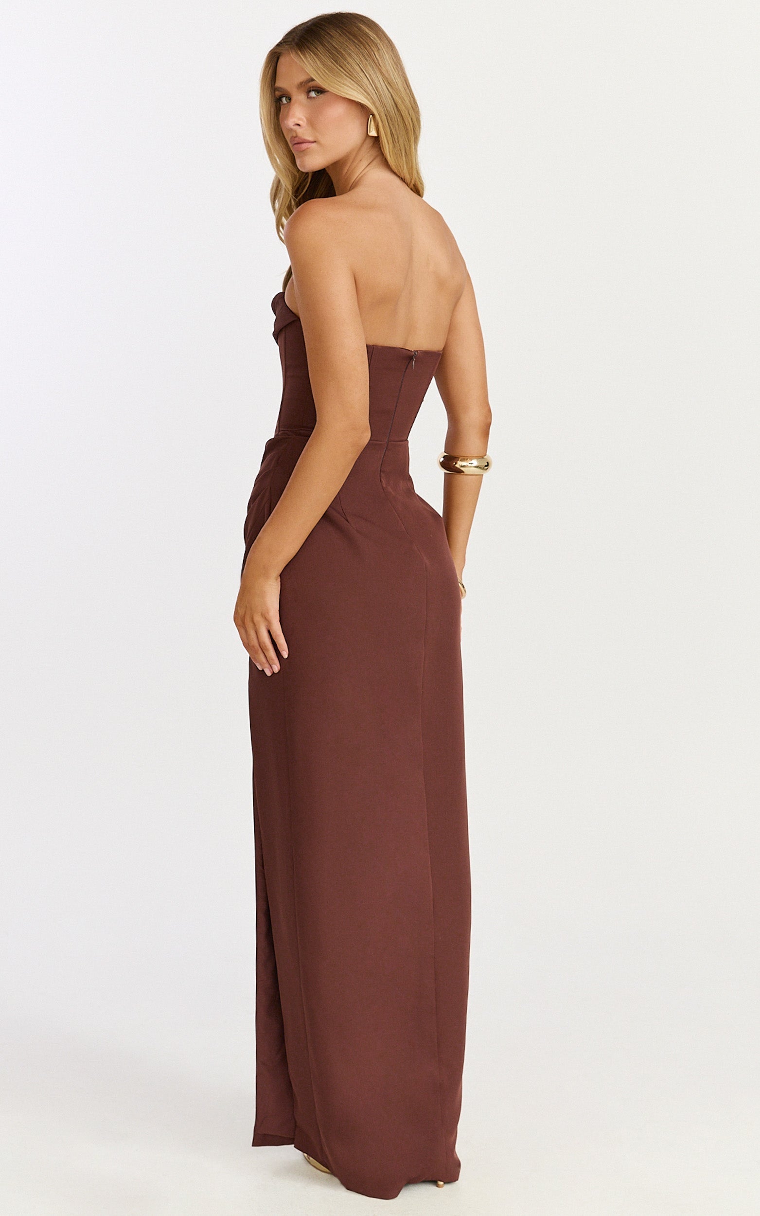Tara Maxi Dress - Strapless Corset Drape Skirt Dress in Chocolate
