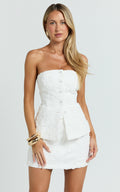 Tara Two Piece Top and Skort Set - Strapless Longline Buttoned Top and High Waist Mini Skort Set in White