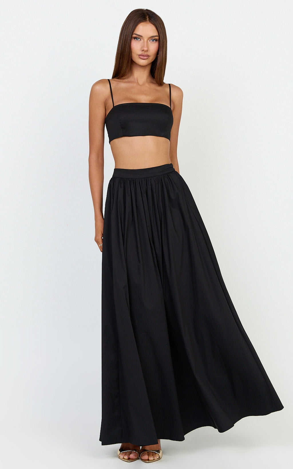 Tegan Two Piece Set - Straight Neck Micro Crop Top and A Line Maxi Skirt Set in Black