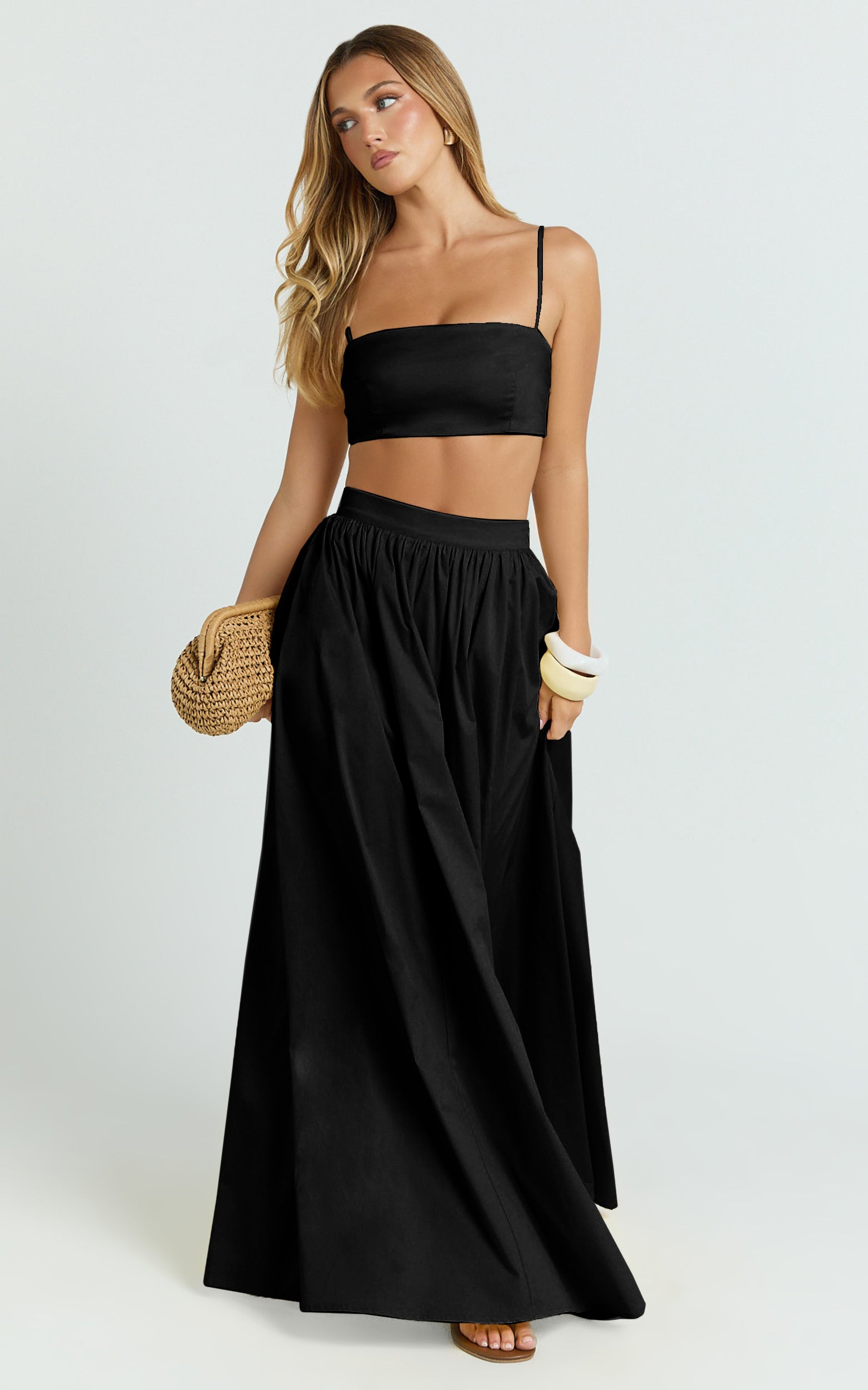 Tegan Two Piece Set - Straight Neck Micro Crop Top and A Line Maxi Skirt Set in Black