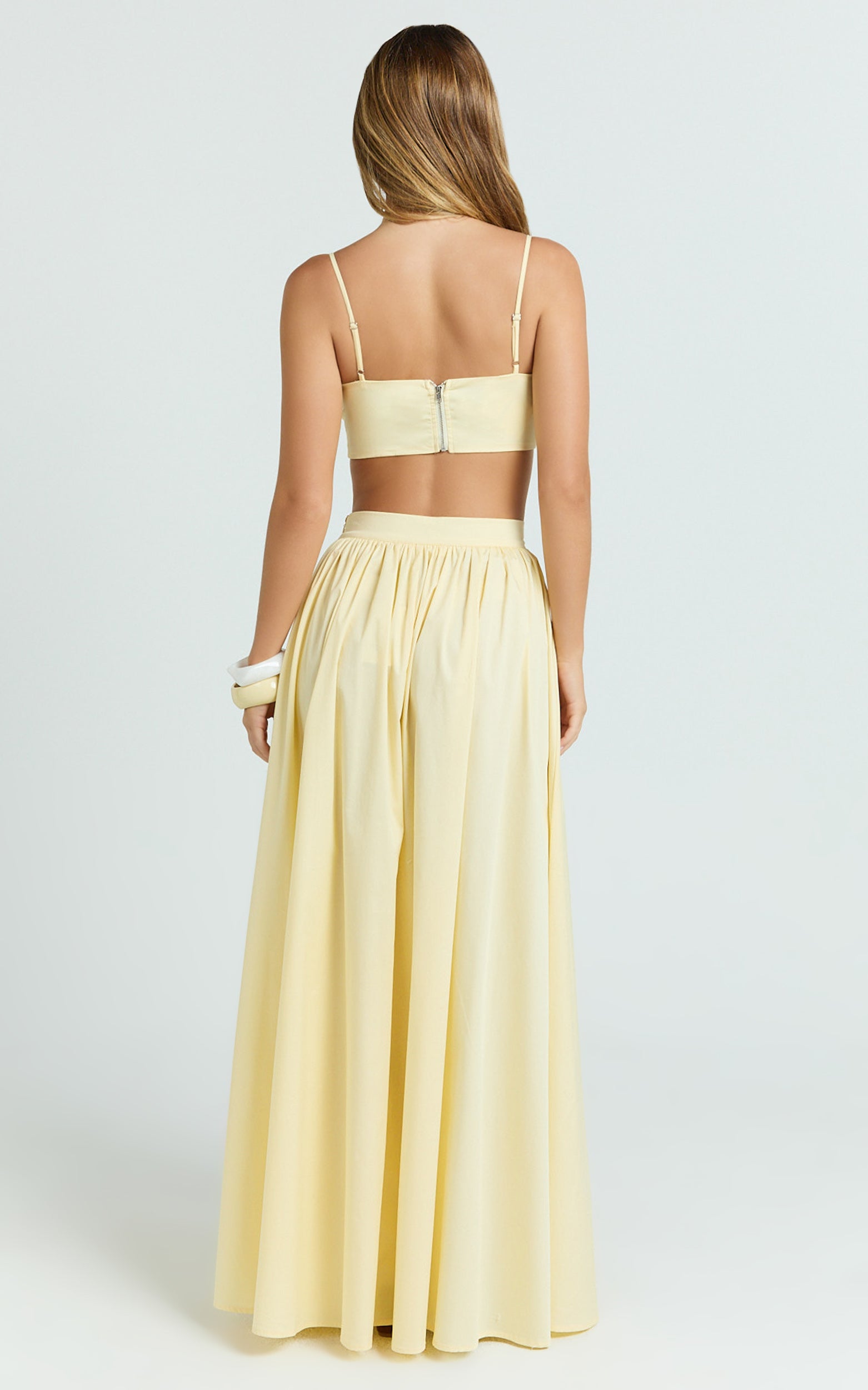 Tegan Two Piece Set - Straight Neck Micro Crop Top and A Line Maxi Skirt Set in Butter Yellow