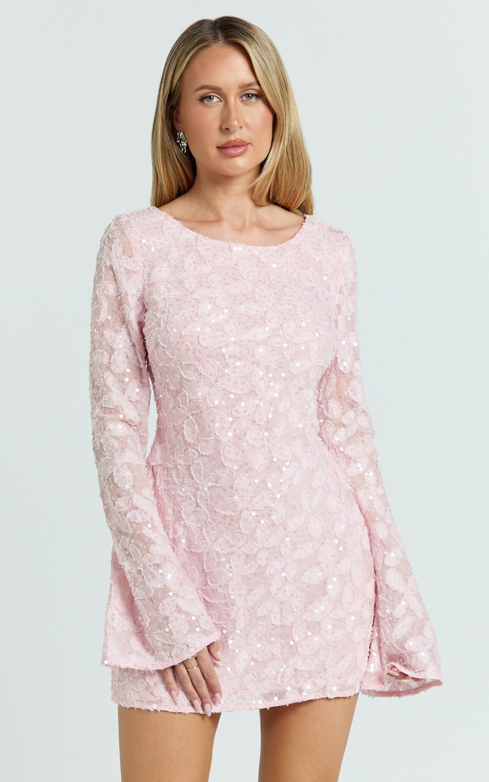 Terri Mini Dress - Long Sleeve Cowl Back Neck Dress in Pale Pink