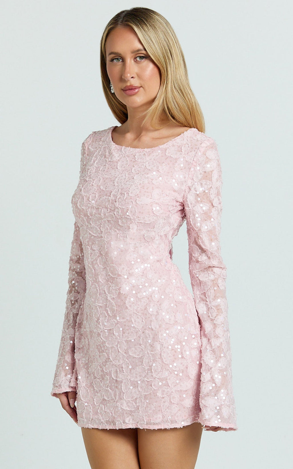 Terri Mini Dress - Long Sleeve Cowl Back Neck Dress in Pale Pink