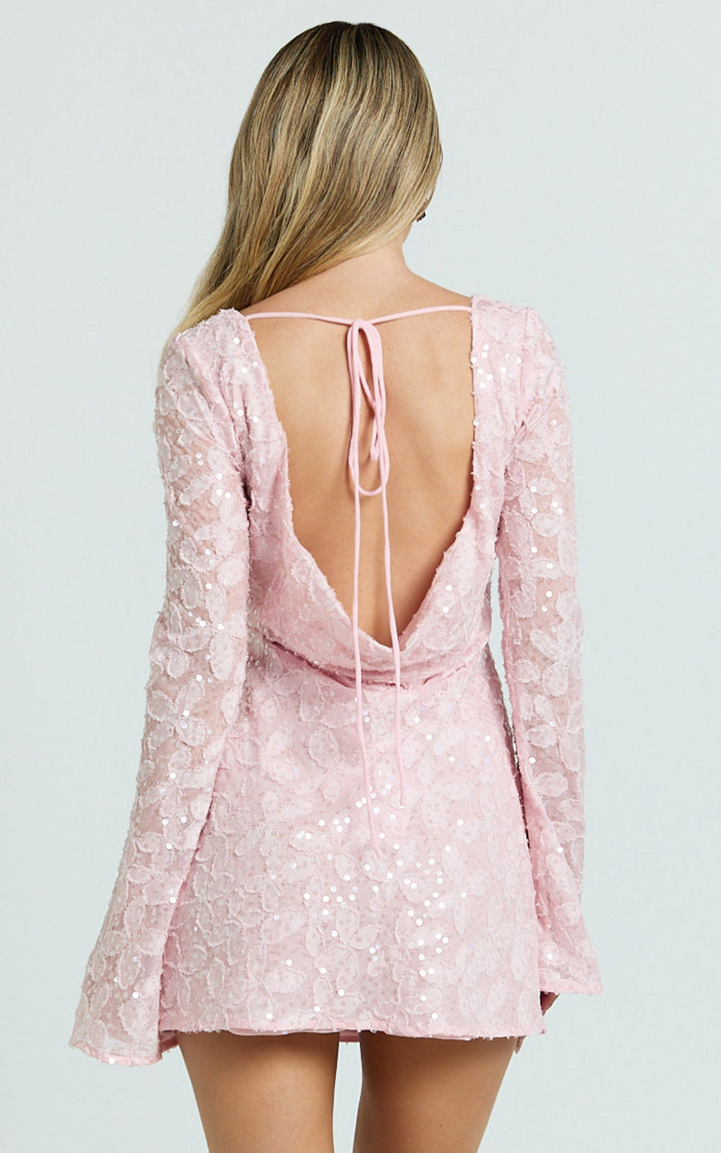 Terri Mini Dress - Long Sleeve Cowl Back Neck Dress in Pale Pink