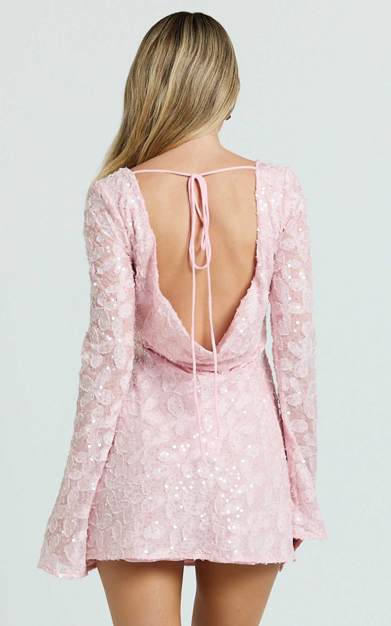 Terri Mini Dress - Long Sleeve Cowl Back Neck Dress in Pale Pink
