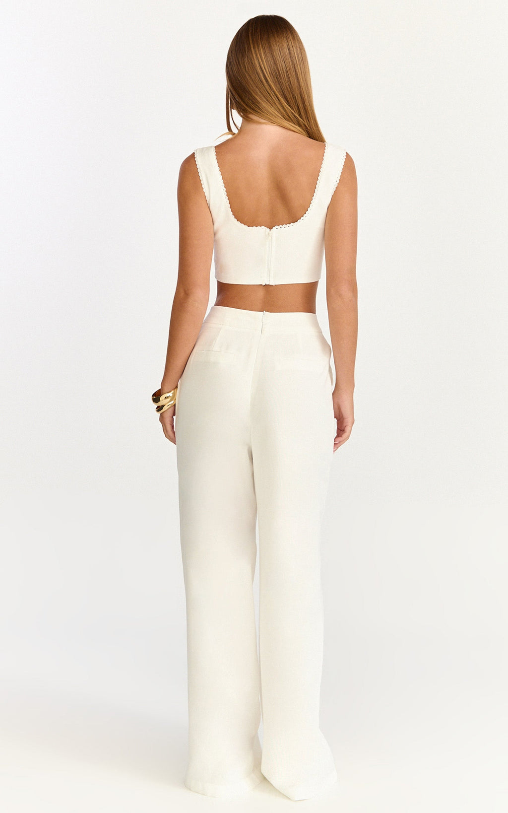 Tessa Two Piece Top and Pants Set - Square Neck Lace Trim Top And Wide Leg Pants in White