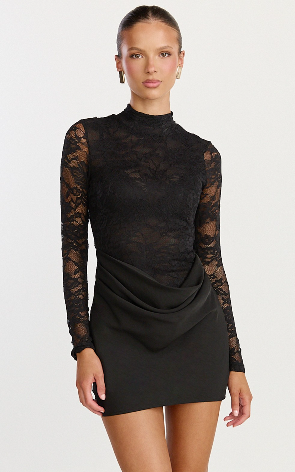Thalassa Mini Dress - Turtle Neck Long Sleeve Drape Bias Cut Dress in Black