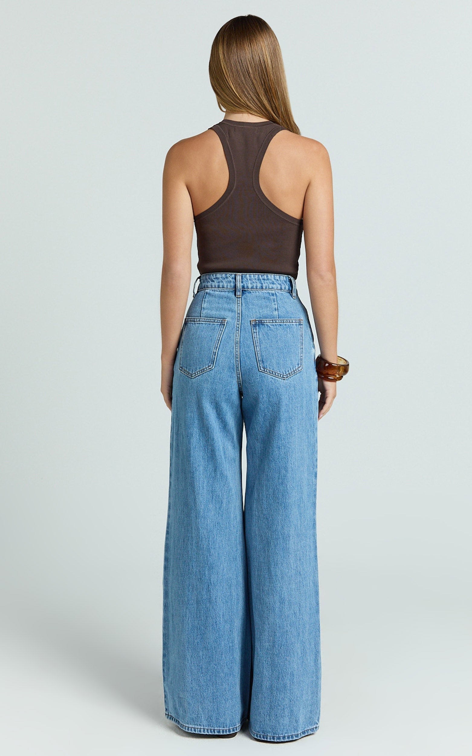 Therese Jeans - High Waist Wide Leg Flare Recycled Denim Jeans in Light Mid